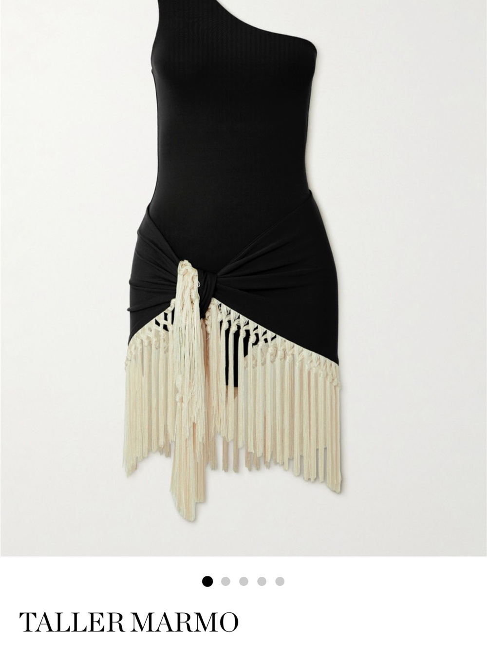 Taller Marmo One-Shoulder Black Swimsuit with Cream Fringe Sarong XL